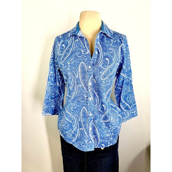 Vintage Talbots women's printed cotton lawn blue paisley shirt,  size M - Picture 11 of 12